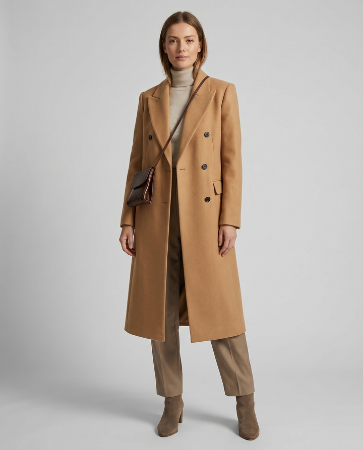 Women's Double-Breasted Elegant Tailored Coat — Long-Sleeve Lapel Wool-Blend Overcoat