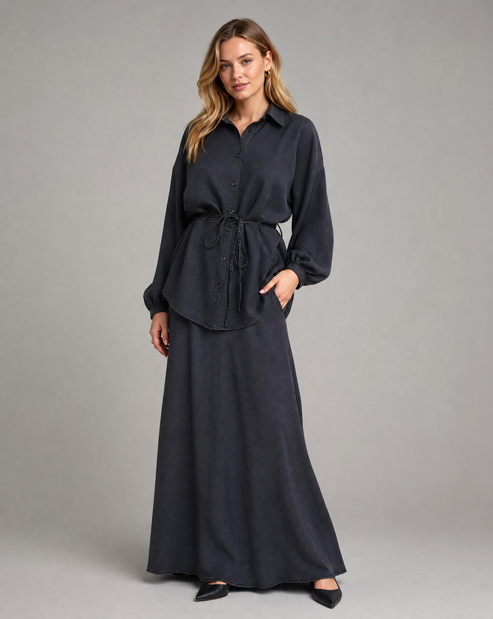 Women's Long Sleeve Tie-Front Shirt and Skirt Two-Piece Set