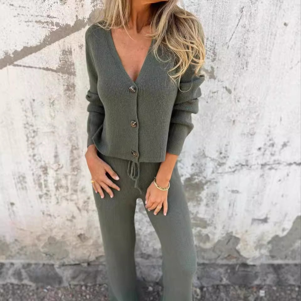 Women's Knit Cardigan and Wide Leg Trouser Two-Piece Set