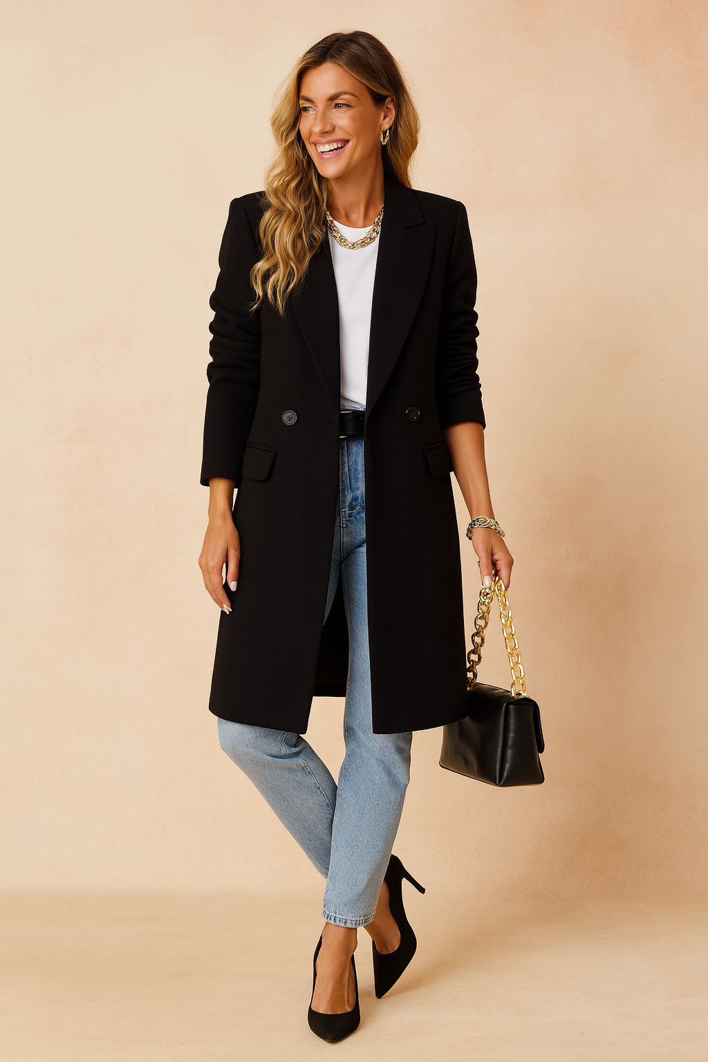 Classic Double-Breasted Wool Blend Longline Coat