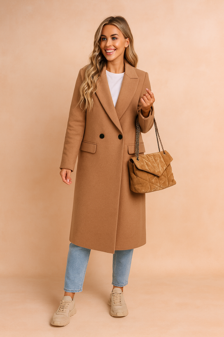 Classic Double-Breasted Wool Blend Longline Coat