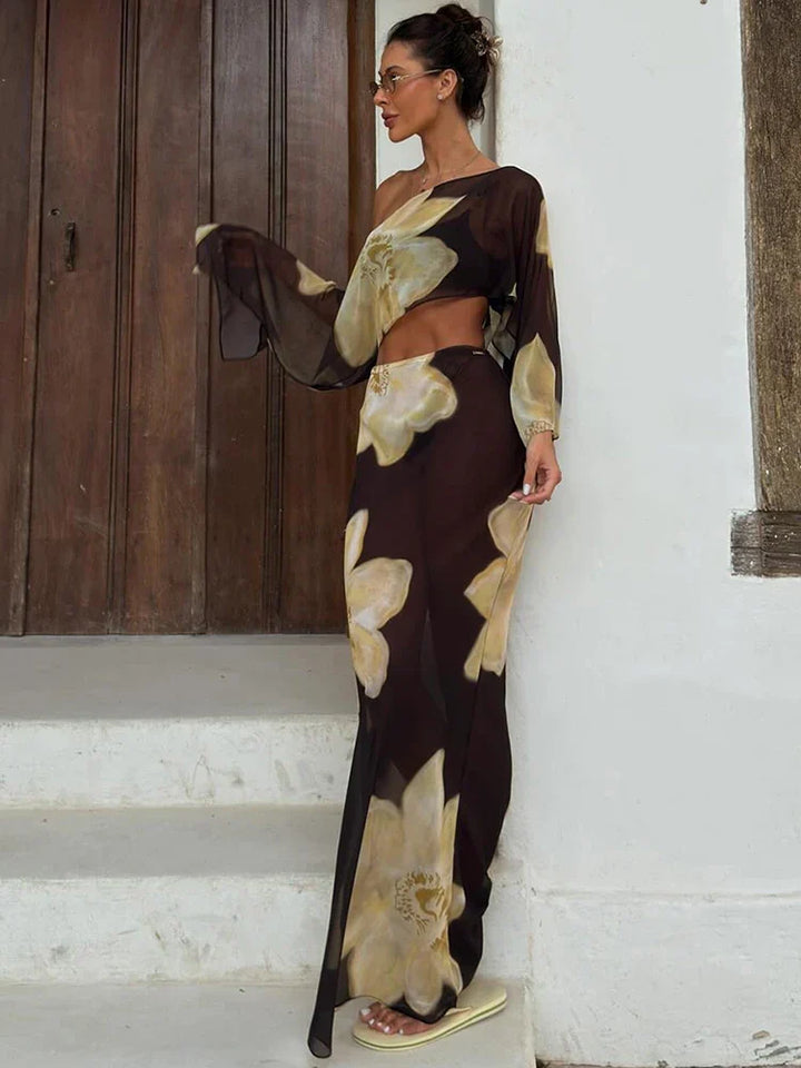 Printed One Shoulder Two Piece Set with Flowy Sleeve Detail