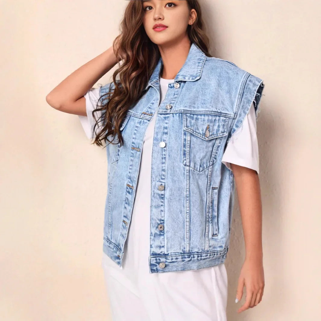 Women’s Casual Oversized Denim Vest with Button-Up Front and Classic Chest Pockets