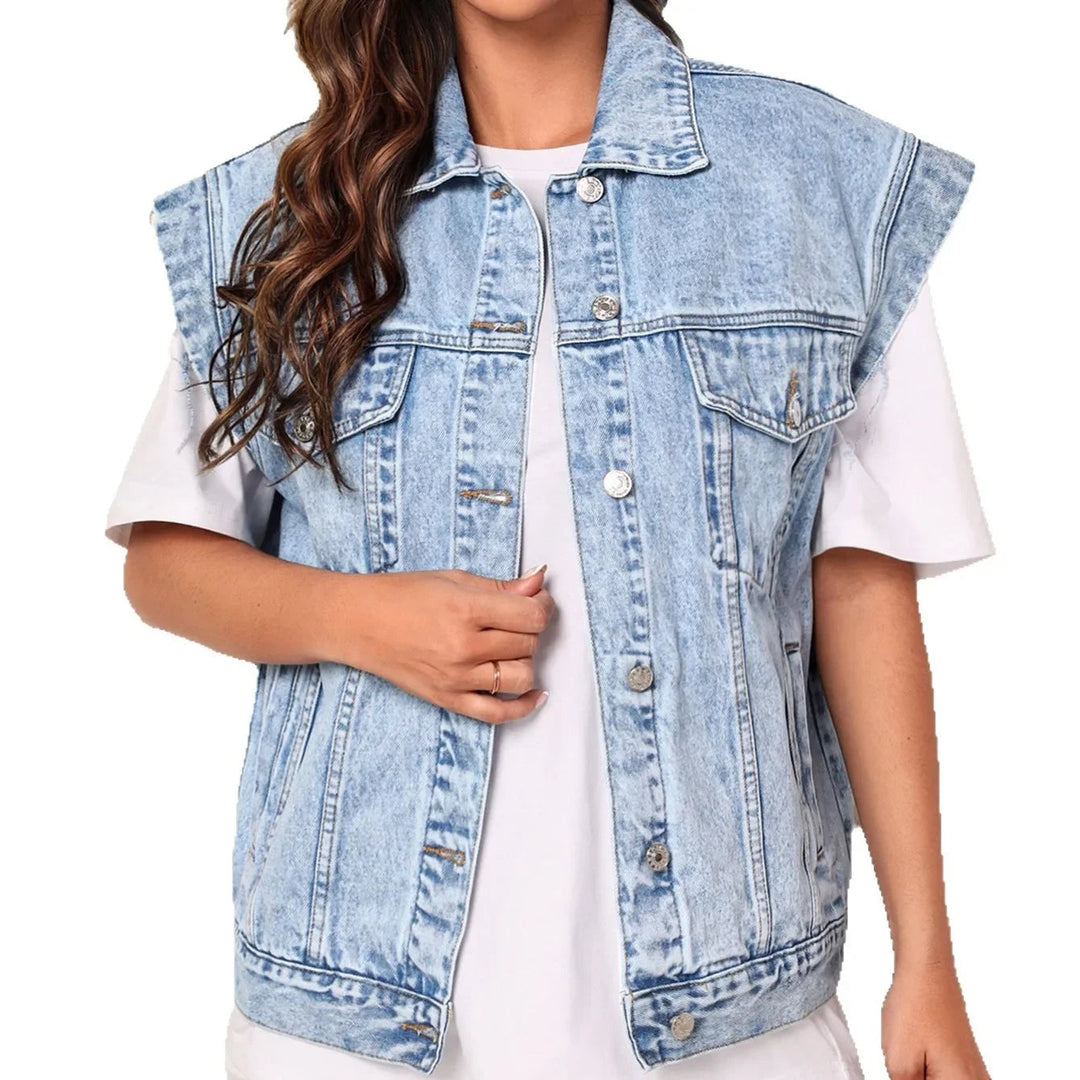 Women’s Casual Oversized Denim Vest with Button-Up Front and Classic Chest Pockets