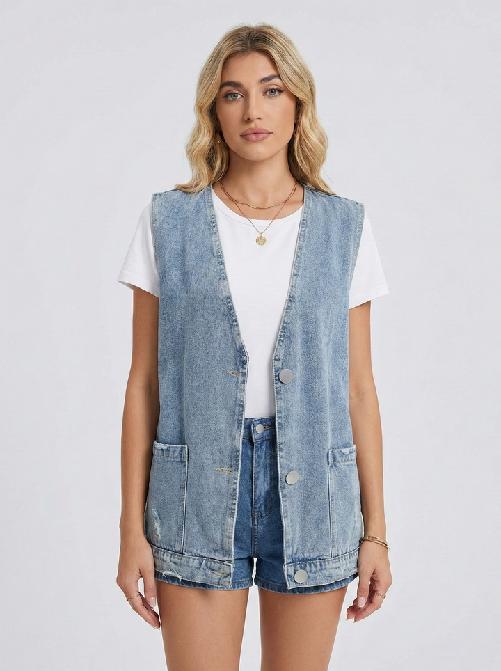 Women’s Minimalist Denim Vest with Sleeveless Design and Relaxed Fit
