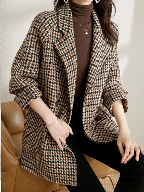 Houndstooth Long Blazer Jacket – Oversized Check Coat