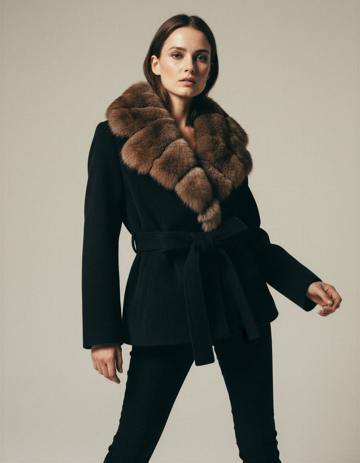 Women's Black Plush Faux Fur Belted Statement Coat